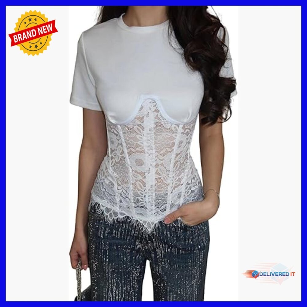 Sheer Lace Crop Top Short Sleeve Crew Neck Patchwork Mesh Slim Fit Tee